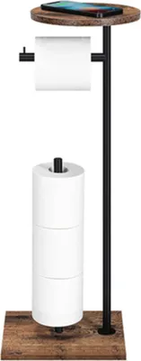 Produktbild von Toilettenpapierhalter, 2-in-1 Klopapierhalter, Boden-Klopapierhalter stehend ohne Bohren, mit Platz für 4 Reserverollen, Ablageschale aus Holz