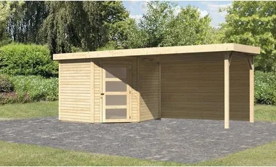 Produktbild von Gartenhaus Karibu Anvik 5 inkl. Anbaudach 2,8 m, Rückwand 503 x 262 cm natur