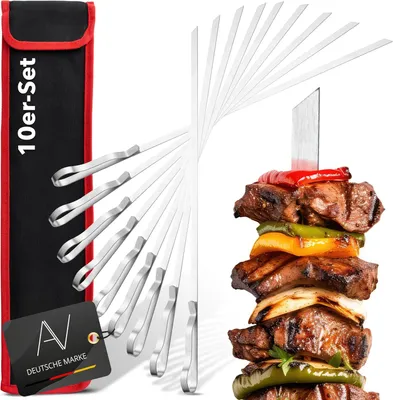 Imagen del producto de Brochetas de acero inoxidable, 10 unidades, 43 cm, para carne y verduras, ideales para barbacoas y camping