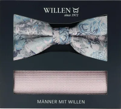 Produktbild von Herren Fliege Blumendesign & Uni Einstecktuch Set aus 100% Seide, Schleife 11,5x5,5cm, Tuch 27,5x27,5cm