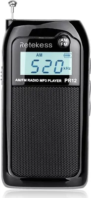 A black Retekess PR12 portable AM/FM radio and MP3 player is shown against a white background.