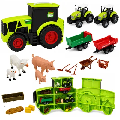 Produktbild von Bauernhof-Set mit Traktor, landwirtschaftlichen Fahrzeugen, Tierfiguren und Zubehör (28 Teile)