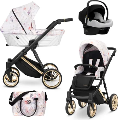 Produktbild von Kinderwagen IVENTO Sportwagen Babywagen Babyschale Komplettset Kinder Wagen Autositz Set 3 in 1 (Delicate Flowers, Rahmenfarbe: Gold)
