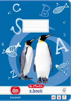 A notebook cover with penguins and letters on a blue background.