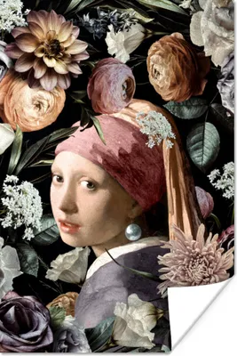 Produktbild von MuchoWow® Poster Mädchen mit Perlenohrring - Blumen - Vermeer - Pastell - Kunstwerk - Gemälde - Alte Meister 40x60 cm - Plakate für die Wand - Poster Babyzimmer