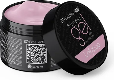 A jar of pink builder gel for nails, with the lid open.