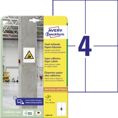 Produktbild von Avery Zweckform L7876-20 Stark haftende Papier-Etiketten, 105 x 148 mm, 20 Bogen/80 Etiketten, weiß