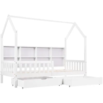 Produktbild von Kinderbett mit 2 Schubladen, Lattenrost und Regal, 90x200 cm, Hausbett inkl. Rausfallschutz, Einzelbett, Jugendbett, Kiefer