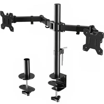 Obrázek produktu pro Stojan pro dva monitory, vhodný pro obrazovky o velikosti 13-27 palců. Ramena monitorů jsou výškově nastavitelné až do 430 mm, naklápěcí o ±90°, otočná o 180° a rotovatelná o 360°. Maximální nosnost jednoho ramene je 10 kg. Podpora standardu VESA 75/100. Barva: černá