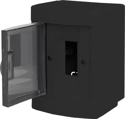 A black electrical distribution box with a transparent door slightly ajar, showing a small internal component.