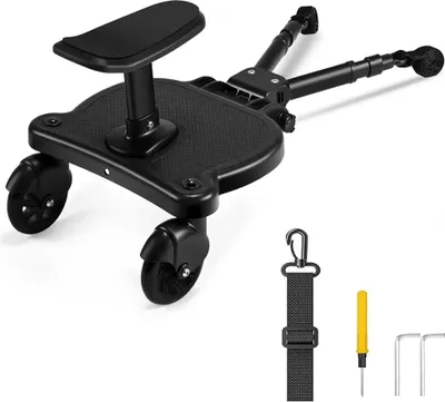 Image de Plateforme 2-en-1 pour siège auto et marchepied, design réglable, roues pivotantes à 360°, couleur noire