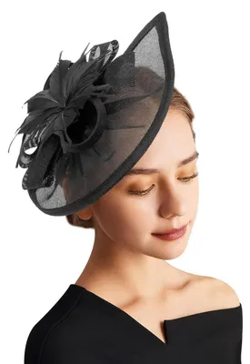 Produktbild von Fascinator Hut Damen mit Schleier und Feder Blume Schwarz Einheitsgröße