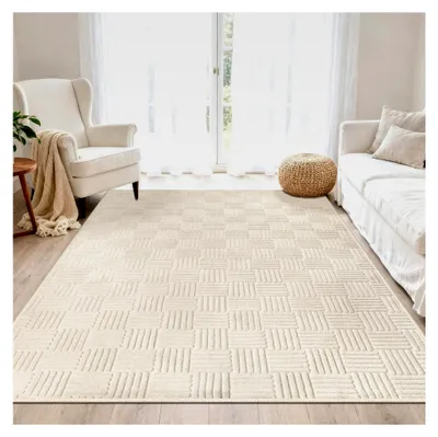 Produktbild von Teppich für Wohnzimmer, Pflegeleichter und Waschbarer Teppich für Schlafzimmer, Rutschfester Kurzflor Teppich in Beige, 160 x 230 cm