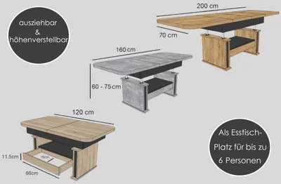 Produktbild von Design Couchtisch DA-555 höhenverstellbar ausziehbar 120 bis 200 cm Schublade Esstisch Wohnzimmer abgerundete Ecken