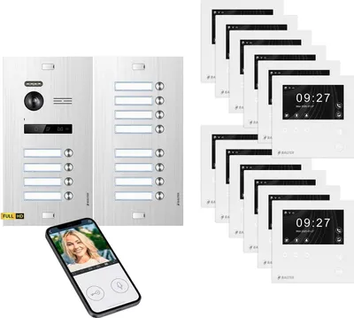Produktbild von BALTER EVO HD Unterputz Video Türsprechanlage Silber 12x 4.3 Zoll Mini HD WiFi Monitor Weiß Set für 12 Familienhaus
