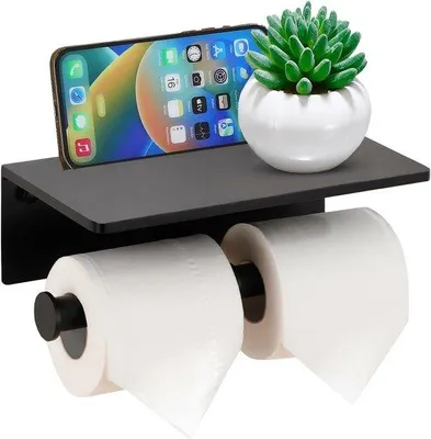 Imagen del producto de Soporte de papel higiénico de pared Unyqoos® con estante – Acero inoxidable (resistente a la corrosión), , compacto, 27 x 10 x 9,5 cm