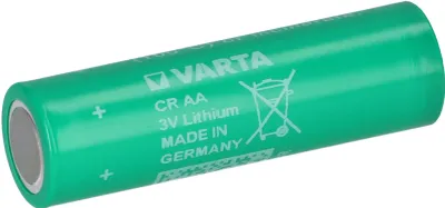 A single green Varta CR AA 3V Lithium battery is shown against a white background.