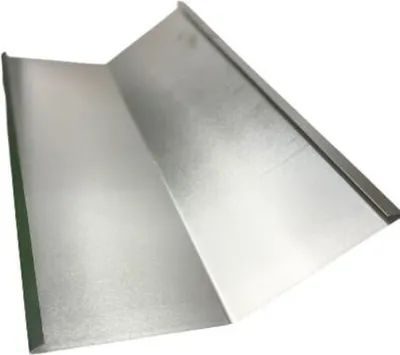 A metal sheet bent into a V-shape, likely a flashing or corner piece, presented on a white background.