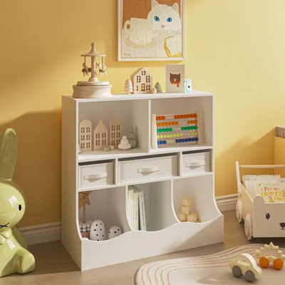 Zdjęcie produktu dla Półka dziecięca "Vastesa" z 5 przegródkami i 3 składanymi pudełkami 75 x 80 x 40 cm Biała