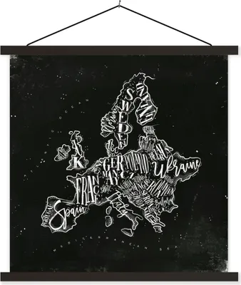 Produktbild von MuchoWow® Textilposter Karte - Europa - Schwarz - Weiß 90x90 cm mit schwarzem Rahmen - Magnetisches
