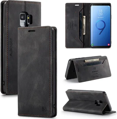 Produktbild von Galaxy S9 Brieftasche Hülle, Retro Kunstledertasche Stand Schutzhülle für Samsung Galaxy S9 Schwarz