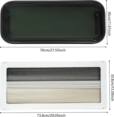 Obrázek produktu pro Okna pro obytné vozy a karavany – výklopná okna – rozměry 70 × 30 cm – tvrzené sklo – síť proti hmyzu – montáž do sendvičové konstrukce – úhel otevření 85° – tloušťka stěny 30–40 mm
