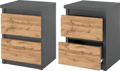 Image de Table de nuit SET 2 pièces - Table de nuit - Meuble moderne avec tiroirs Commode en bois Armoire à tiroirs pour votre chambre Gris mat/Chêne Wotan