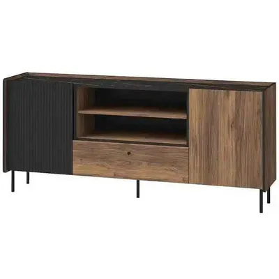 Obrázek produktu pro BEAUTYSOFA | Komoda PIANO 180 cm | se 2 dvířky, zásuvkami a 5 policemi | Sideboard | Obývací pokoje | Černá a ořech | Moderní styl