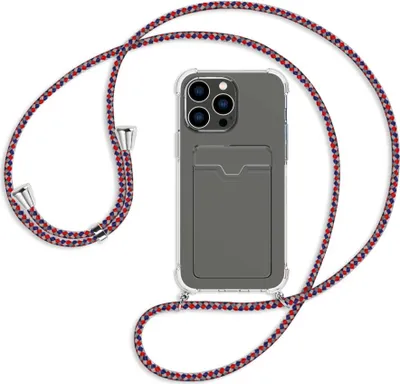 Produktbild von Handykette Backcover-Schutzhülle mit Band (Metall silberfarben) für Apple iPhone 14 Pro Max (6.7'') - silber/blau/rot