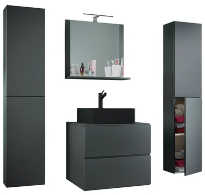 Immagine prodotto di 5 parti lavabo lavabo | lavabo nero larghezza 60 cm | set mobili bagno con cassetti porta girevole specchio | Lendas S BL