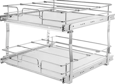 Image de SucceBuy Organisateur d'armoire extensible à 2 niveaux, 16 L x 21 P, étagères à provisions extensibles robustes, tiroirs extensibles en acier chromé