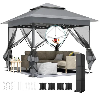 Produktbild von Faltpavillon 3,3x3,3m Dunkelgrau mit 4 Moskitonetzen, Wasserdicht, UV 50+, Doppeldach, inkl. 4 Sandsäcken