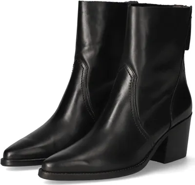 A pair of black leather ankle boots on a white background.