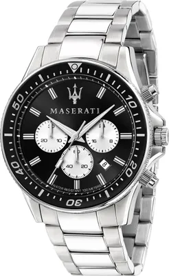 A close-up studio shot of a Maserati chronograph watch.