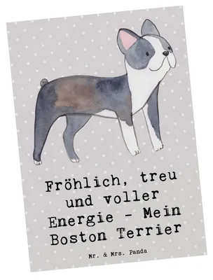 Produktbild von Mr. & Mrs. Panda Postkarte Boston Terrier Freude - Grau Pastell - Geschenk, Hunde, Hunderassen Charakter, Hunderasse, bedingungslose Liebe, Vielfalt, Spaziergänge, Herz