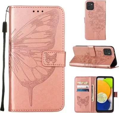 Produktbild von Galaxy A03 Hülle, Schmetterling Prägung Flip Leder Kartenfächer Schutzhülle Ledertasche mit Ständer für Samsung Galaxy A03 Roségold