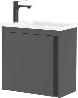 A modern bathroom vanity set with a gray matte finish and a white sink, featuring a black faucet.