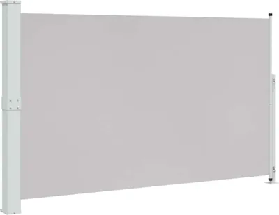 A side view of a retractable side awning, extended and mounted between two vertical poles.