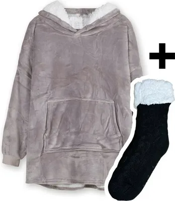Produktbild von Zoem - Fleecedecke mit Ärmeln - inklusive Fleecesocken - Kombi-Deal - Fleece Plaid - Pullover - super weich - 280 g/m² - Grau - Pullover - Kuscheln - Hoodie - Kuscheln Hoodie - Oversized Fleece - Winterpullover