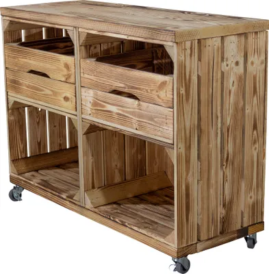 Produktbild von Regal aus zwei geflammte Kisten mit zwei Schubladen und bohlenbrett in geflammt, auf Rollen 61x80x31cm Obstkisten Weinkisten
