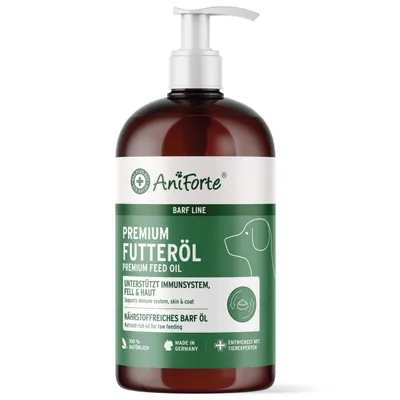 Produktbild von AniForte Barf Futteröl für Hunde 500ml– Natürliches, kaltgepresstes Premium Barf Öl, reich an Omega 3 & Omega 6, ausgewogener Barf Zusatz