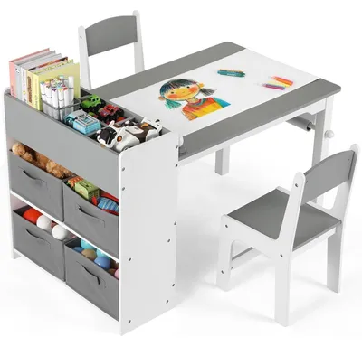 Produktbild von Kindertisch mit 2 Stühlen, Maltisch & Basteltisch, Kinderzimmer Set, Spieltisch mit Stauraum, Grau Weiß