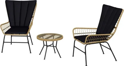 Produktbild von 3-teilige Rattan-Sitzgruppe Gartengarnitur Gartenmöbel-Set mit 2 Stühlen & Beistelltisch Hartglasplatte und Kissen