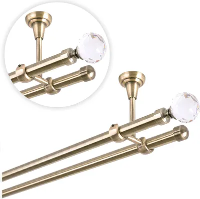 Produktbild von Gardinenstange 320 cm für Deckenmontage, Vorhangstange 19 mm 2-läufig Antik Gold, Gardinenstangenset mit Kugel Kristall