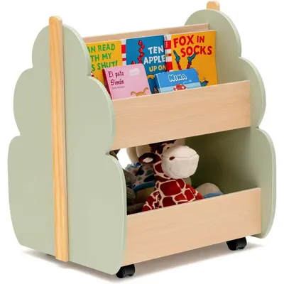 Image de Étagère pour enfants à roulettes - Étagère jouet en bois à 2 niveaux - 52 x 46 x 62,5 cm - Vert