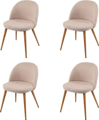Four beige dining chairs with wooden legs are arranged in a grid on a white background.