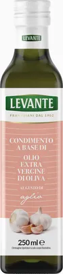 A bottle of Levante extra virgin olive oil infused with garlic.