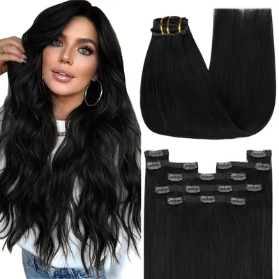 Produktbild von Clip-in Echthaar Extensions Schwarz 55cm 120g Remy Glatt Damen
