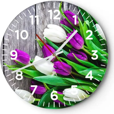 Produktbild von Wanduhr - Rund - Glasuhr - Tulpen Holz Blumenstrauß Blumen - 30x30cm - Schleichendes Uhrwerk - Lautlos - zum Aufhängen bereit - Dekoration Modern - Wanddekoration aus Glas - C4AR30x30-2833