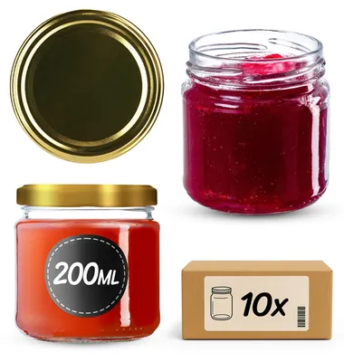 Obrázok produktu pre Sklenené nádoby na zaváranie – nádoby na skladovanie 200 ml – sada 10 kusov – sklo – univerzálne použitie – viečko s priemerom 66 mm – zlaté viečko